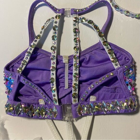 Glamour solo dance costume custom 2 piece lavender rhinestone feather sassy LC - Picture 7 of 15